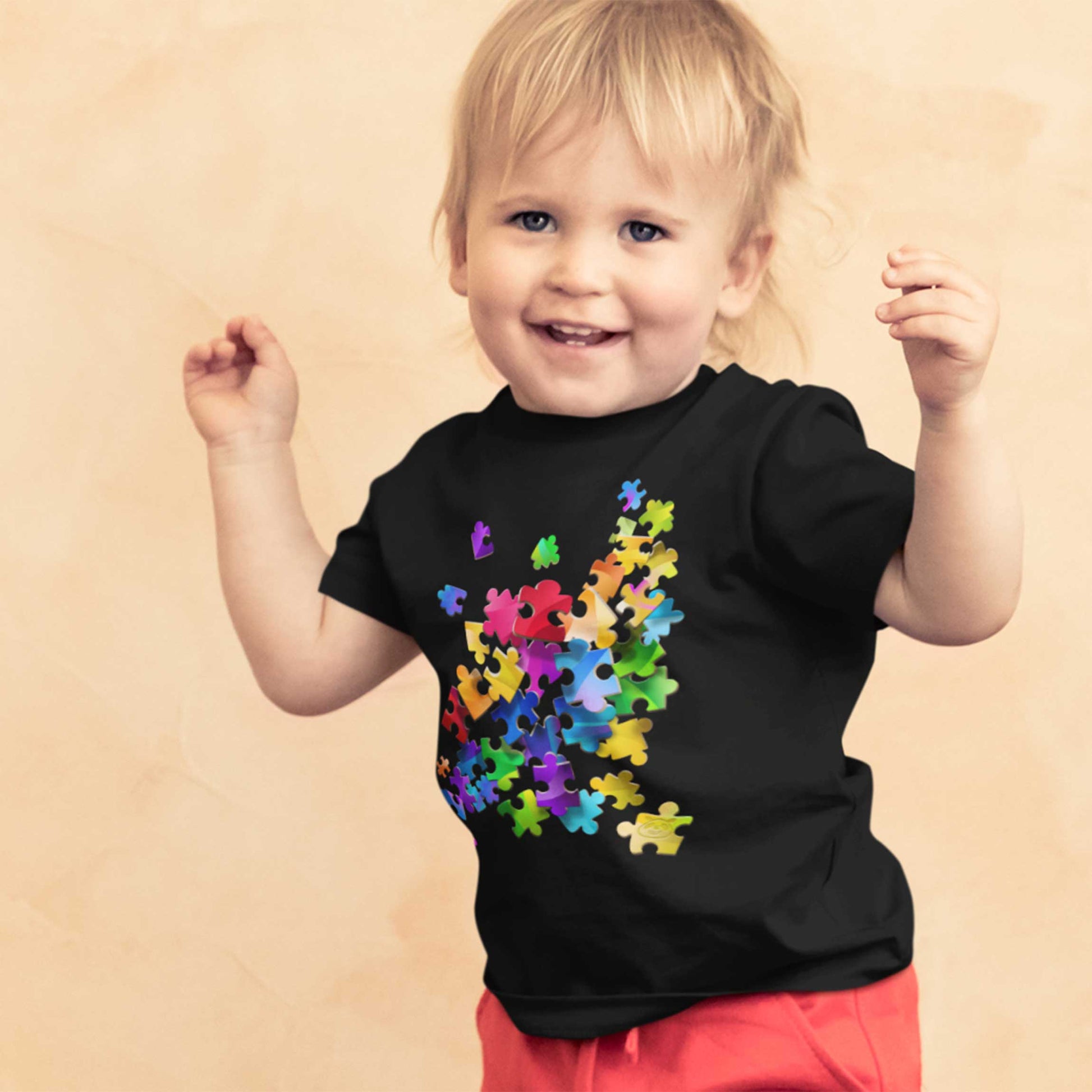 Colorful Unity Tee. Puzzle pieces. Toddler T-shirt. 2-5 years. Black