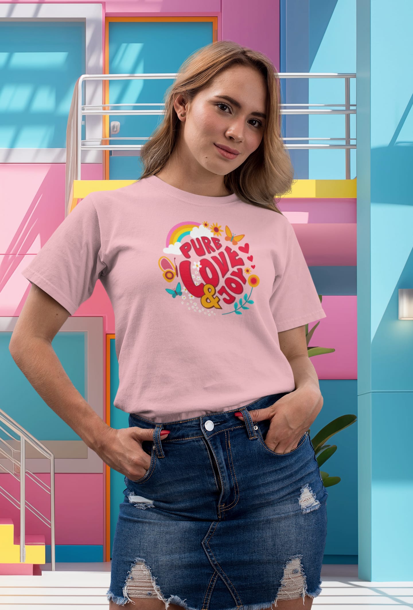 Frau mit pinkem T-Shirt mit einem Aufdruck "Pure Love and Joy". Sie trägt einen zerschlissenen Jeans-Rock. Im Hintergrund ist ein Gebäude mit den Farben Pink, Gelb und Türkis