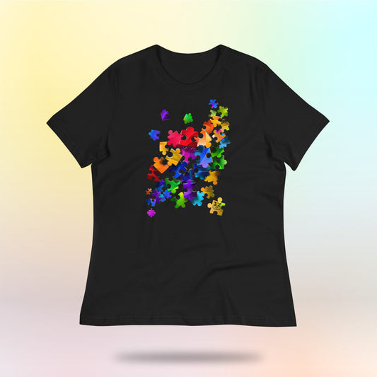 Colorful Unity Tee. Puzzleteile. Lockeres Damen T-Shirt. Schwarz