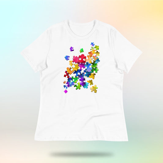 Colorful Unity Tee. Puzzleteile. Lockeres Damen T-Shirt. Weiß