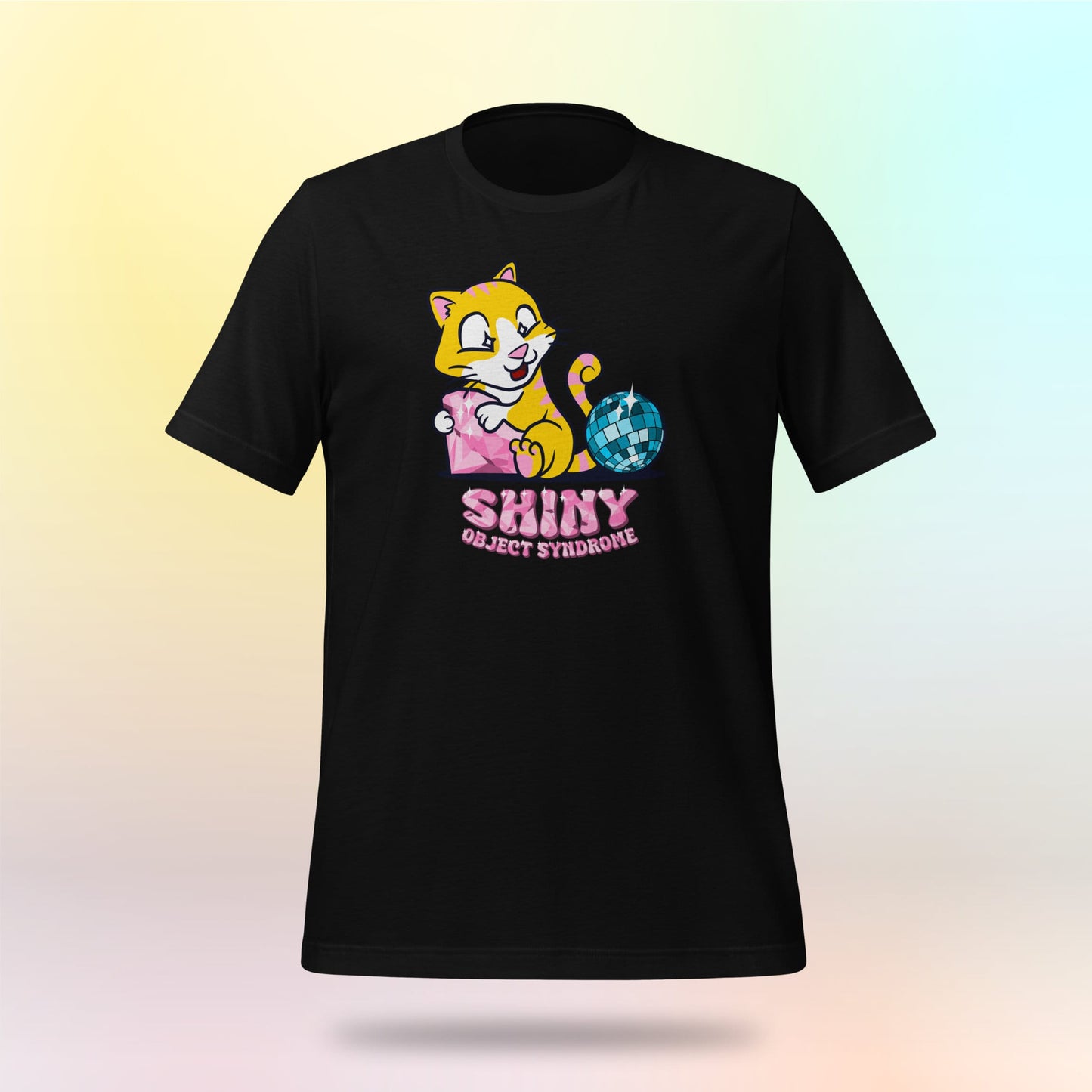 Shiny Object Syndrome. Cute cat with diamond and disco ball. Unisex T-shirt