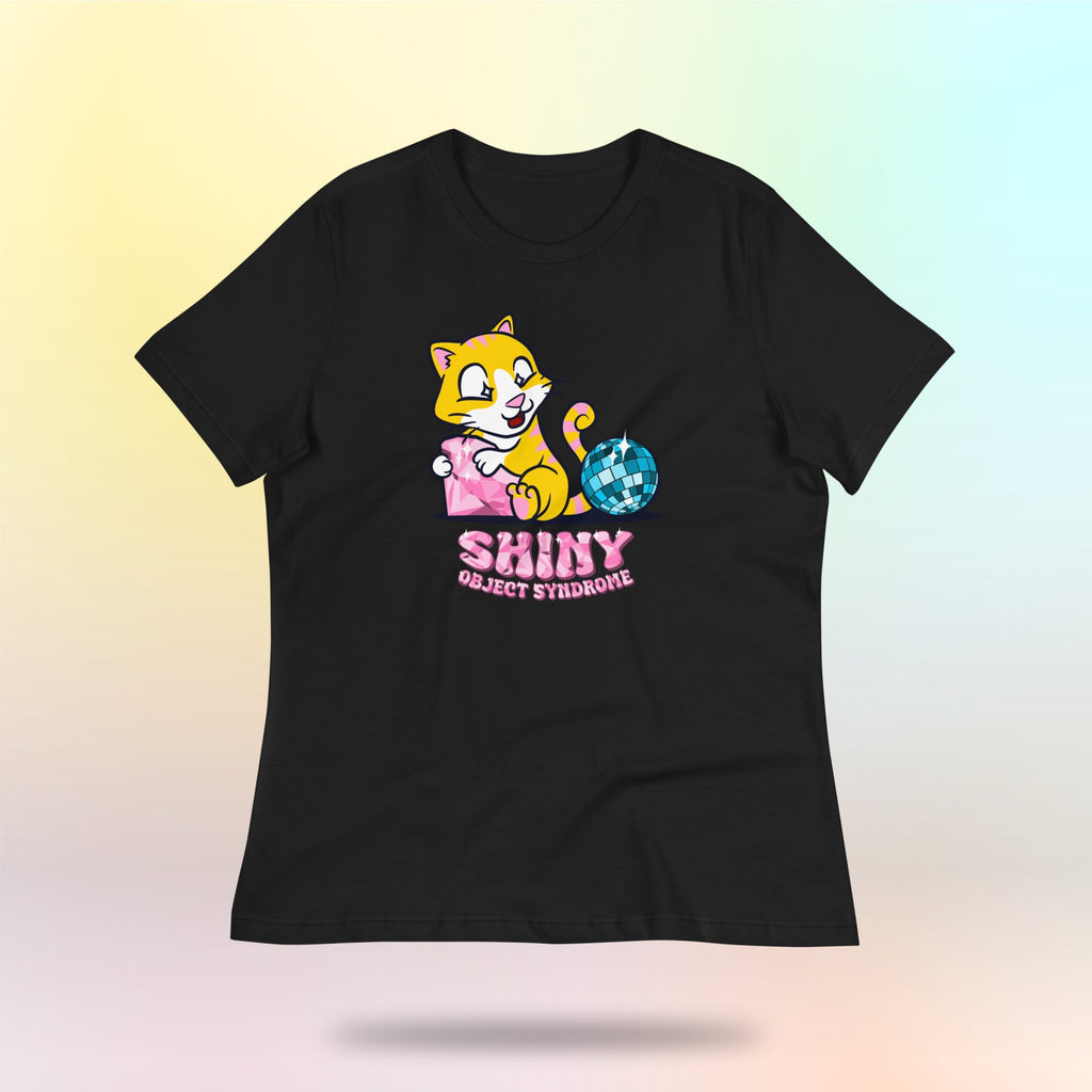 Síndrome del objeto brillante. Lindo gato con diamante y bola de discoteca. Camiseta holgada de mujer