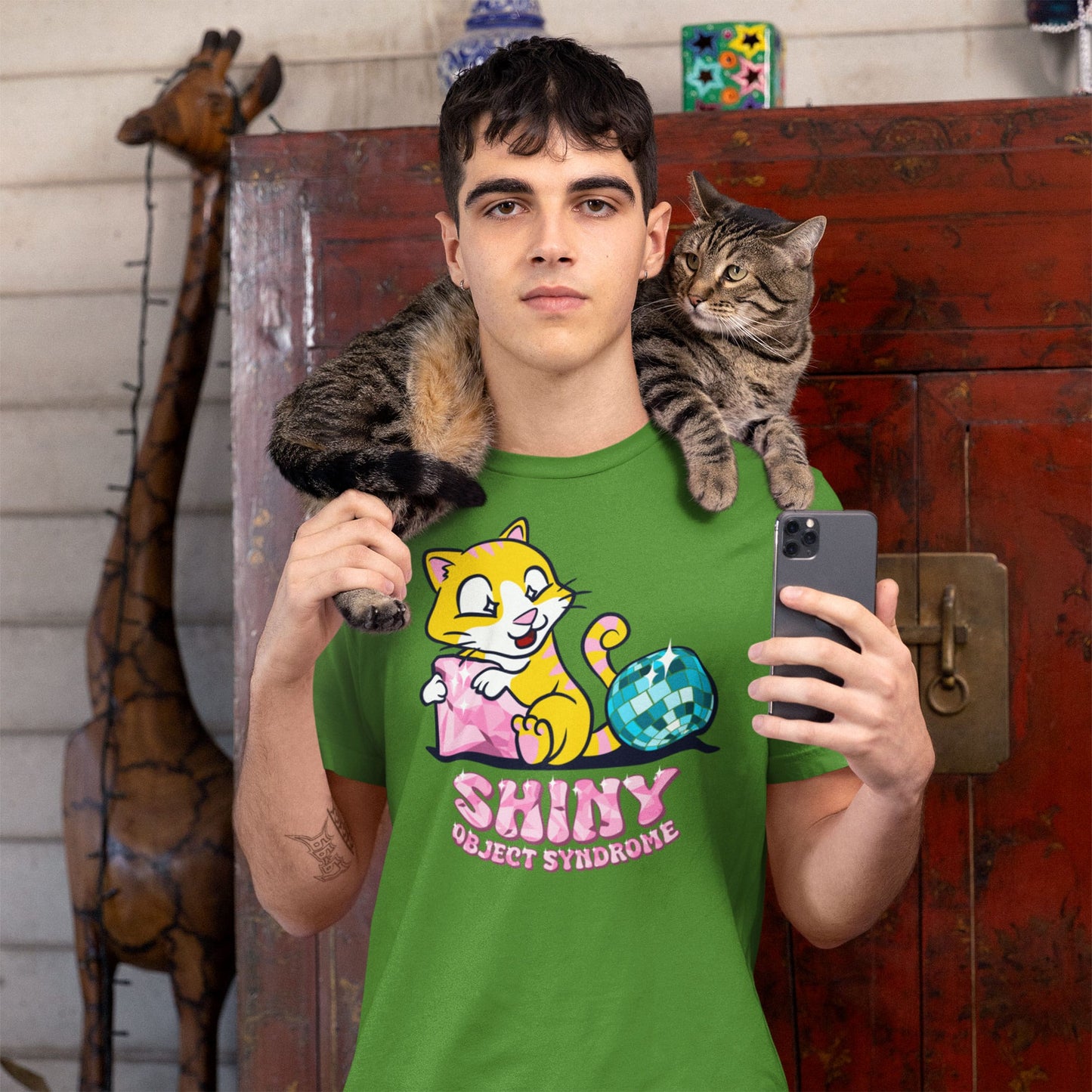 Shiny Object Syndrome. Cute cat with diamond and disco ball. Unisex T-shirt