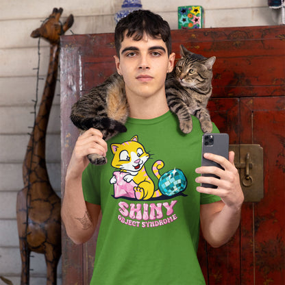 Shiny Object Syndrome. Cute cat with diamond and disco ball. Unisex T-shirt