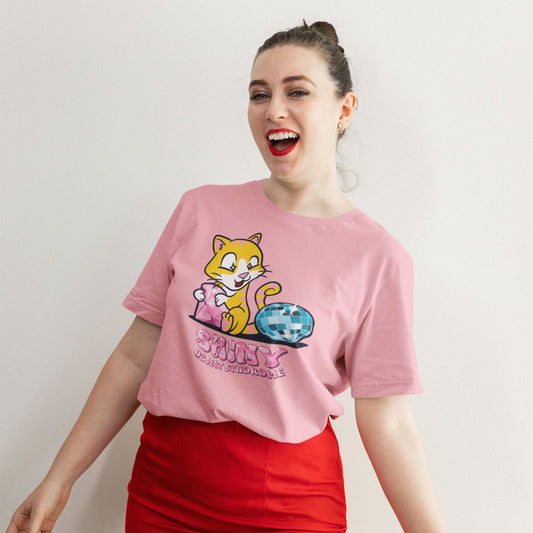 Shiny Object Syndrome. Cute cat with diamond and disco ball. Unisex T-shirt. SE